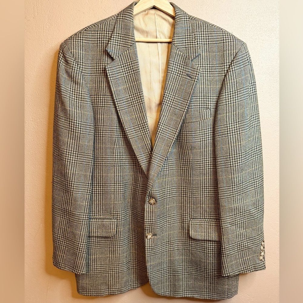 Oscar de la Renta Blazer Men 46L Tan Brown Houndstooth Glen Plaid Wool Classic